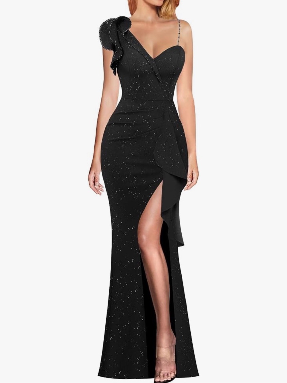 Black One-Shoulder Wedding Prom Evening Gown with Side Ruffle and Thigh Slit